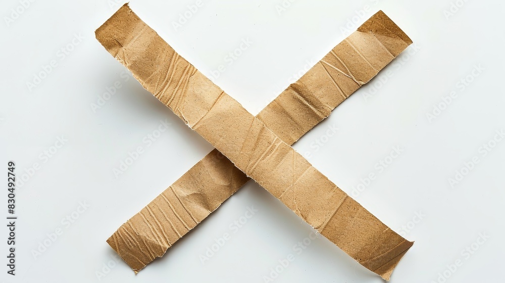 Two pieces of brown paper tape crossing each other, forming an 'X', isolated on white background, even studio lighting Two pieces of brown paper tape crossing each other, forming an 'X', isolated on white background, even studio lighting