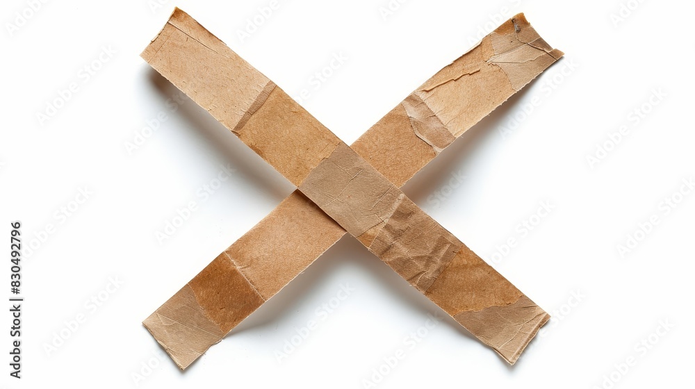 Two pieces of brown paper tape crossing each other, forming an 'X', isolated on white background, even studio lighting Two pieces of brown paper tape crossing each other, forming an 'X', isolated on white background, even studio lighting