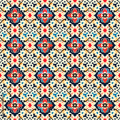 Seamless background with Kazakh national design with complex floral and geometric motifs in bright colors of red, blue, yellow and black. Ideal for textiles, wallpaper, cultural projects. photo