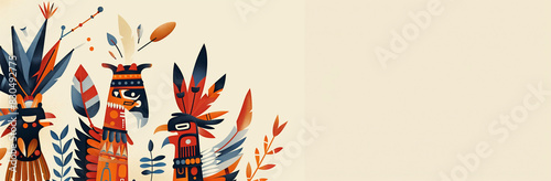 A colorful illustration of Native American cultural symbols and patterns forming a border on a light background. Stylized feathers, traditional headdresses and geometric shapes