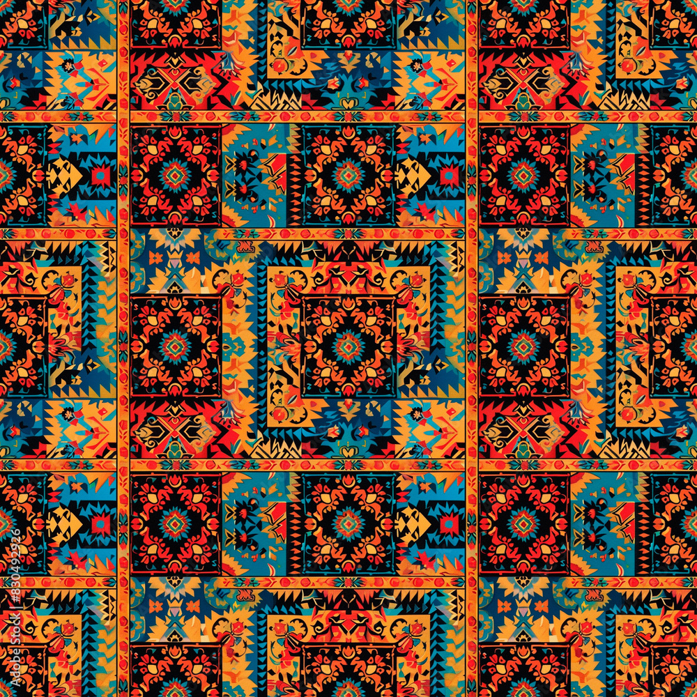Seamless design with Afghan national pattern. A vibrant and detailed traditional motif with vibrant colors and intricate geometric shapes
