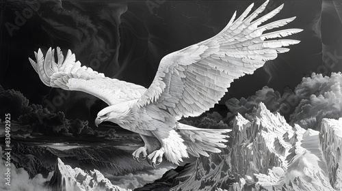 A white eagle is flying over a snowy mountain range