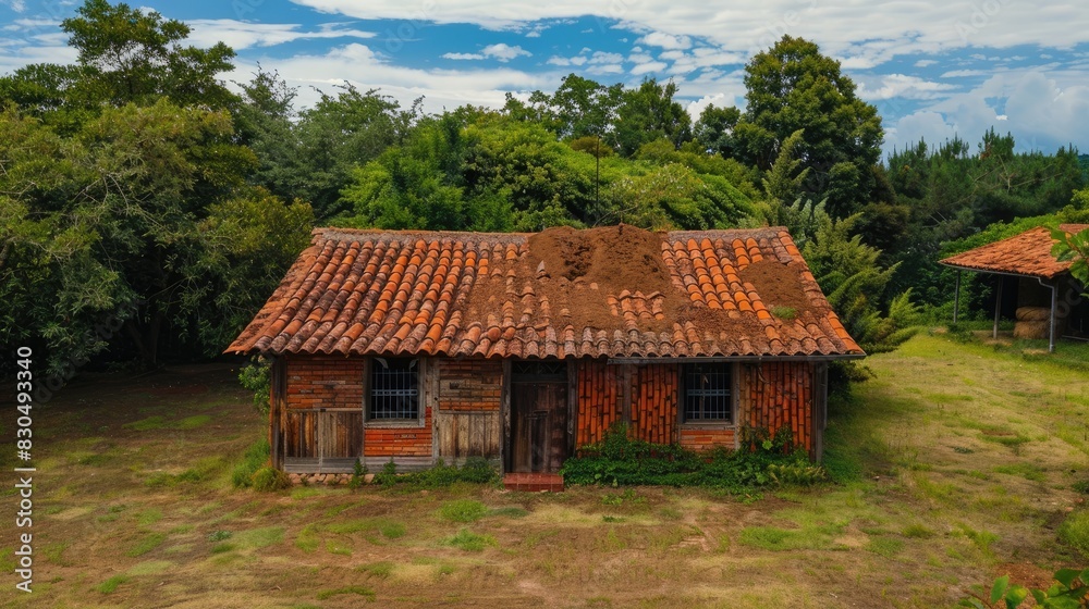 Chalet with red tile roof coated in dirt Chalet with red tile roof coated in dirt