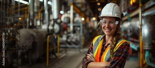 Caucasian Safety and Occupational Health Specialist Woman Smiling Confidently, Industrial Environment, Risk Mitigation Concept, PPE, Copy Space. © HikikomorAI