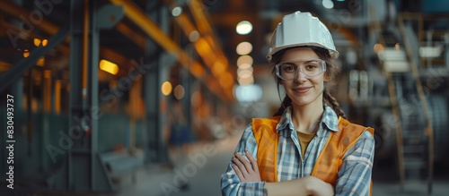 Caucasian Safety and Occupational Health Specialist Woman Smiling Confidently, Industrial Environment, Risk Mitigation Concept, PPE, Copy Space. © HikikomorAI