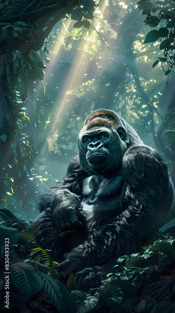 Majestic Gorilla in Serene Tropical Jungle Setting Capturing the Essence of Wildlife