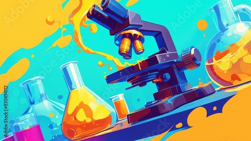 Illustration of a vibrant cartoon laboratory microscope icon in a comic style design serving as a pictogram symbolizing science and discovery in chemistry with a dynamic splash effect for bu