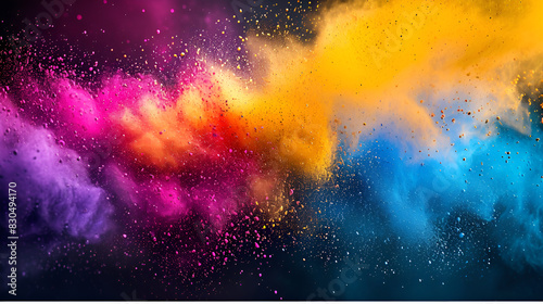 Colorful powder explosion on black background, vibrant hues blending together in a dynamic display. photo