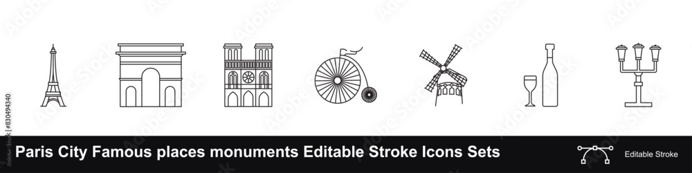 Paris City Famous places monuments Editable Stroke Icons Sets