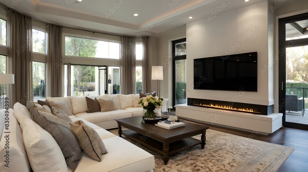 Fototapeta premium Elegant living room with white furnishings fireplace TV coffee table and sofa