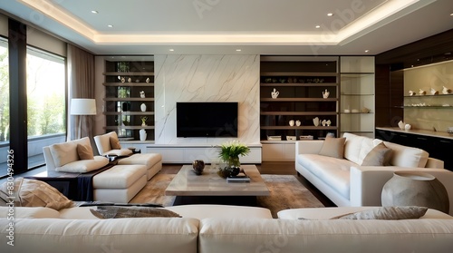 Elegant living room with white furnishings fireplace TV coffee table and sofa