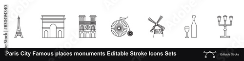 Paris City Famous places monuments Editable Stroke Icons Sets