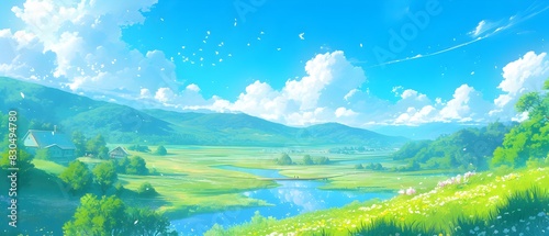 A serene landscape featuring a sprawling valley, a vibrant green tree in the foreground, and majestic mountains under a clear blue sky.