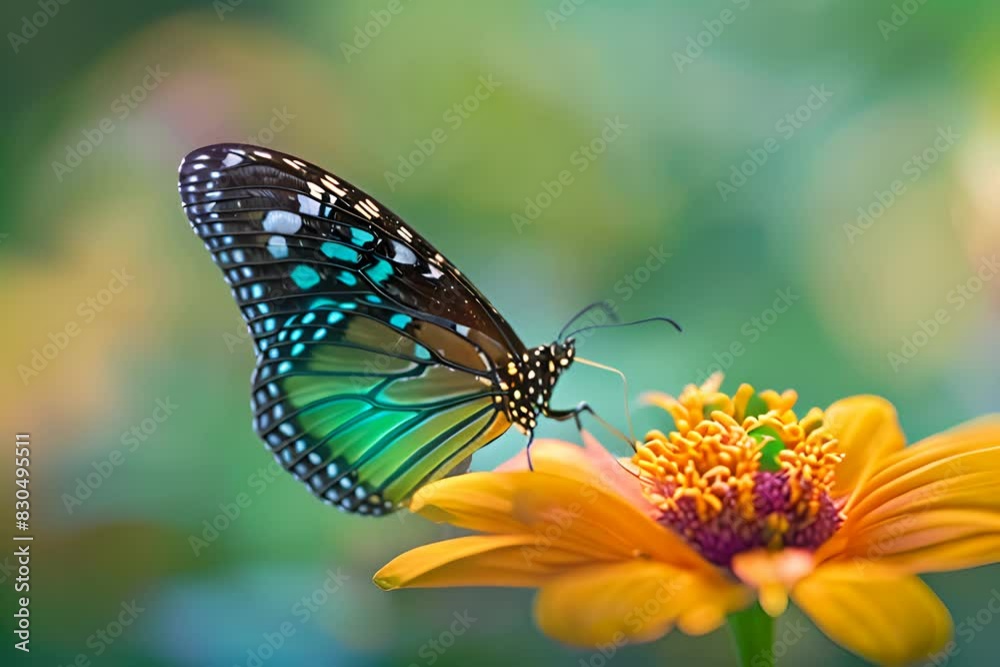 A beautiful butterfly perched on a yellow flower with a blurred background. A beautiful butterfly perched on a yellow flower with a blurred background.