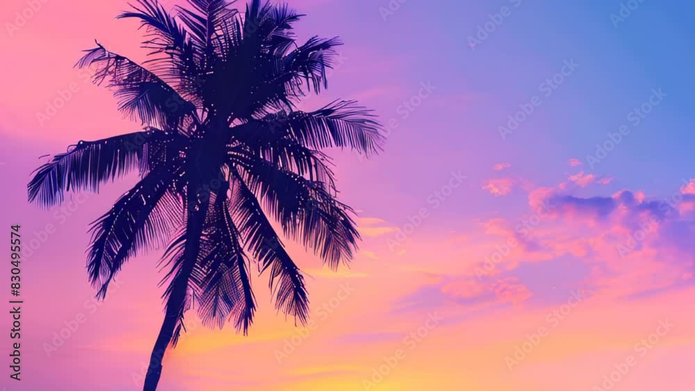 Palm tree silhouette against sunset sky with purple and pink hues Palm tree silhouette against sunset sky with purple and pink hues