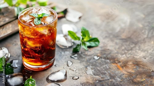 Refreshing iced tea with mint leaves on rustic table photo