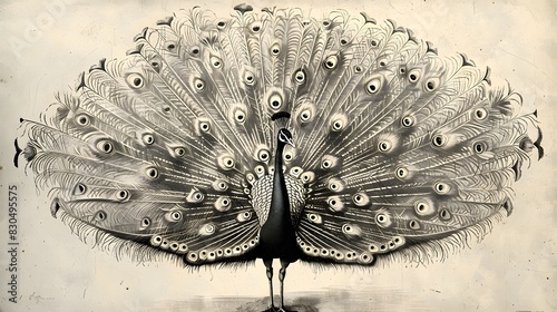 Foto hitam putih dengan gaya engraving burung merak yang bulunya terbentang photo