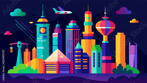 The citys iconic landmarks illuminated with colorful projections from air taxis promoting a variety of cultural events and exhibitions.. Vector illustration