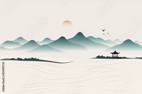 Minimalist Line New Chinese Sunrise Impression Landscape Vector Illustration