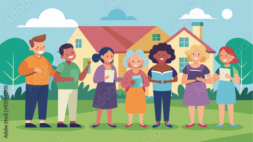 A perfectly intune group of neighbors harmonizing on the front lawn their voices carrying throughout the neighborhood for all to enjoy.. Vector illustration