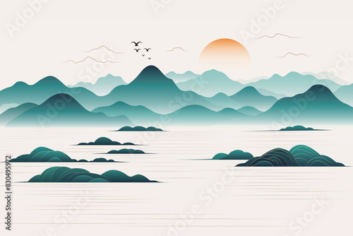 Minimalist Line New Chinese Sunrise Impression Landscape Vector Illustration