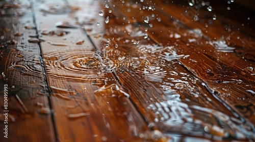 Focused shot of water seeping through a floorboard crack, causing splashes and a growing puddle on the laminate floor