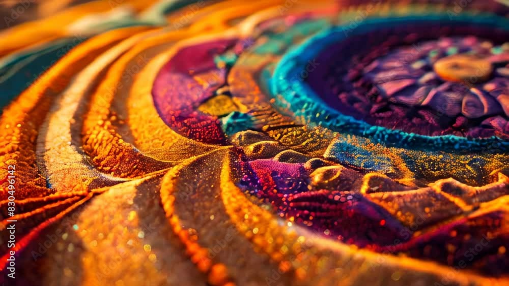 Intricate sand art with vibrant, swirling patterns in warm and cool colors Intricate sand art with vibrant, swirling patterns in warm and cool colors
