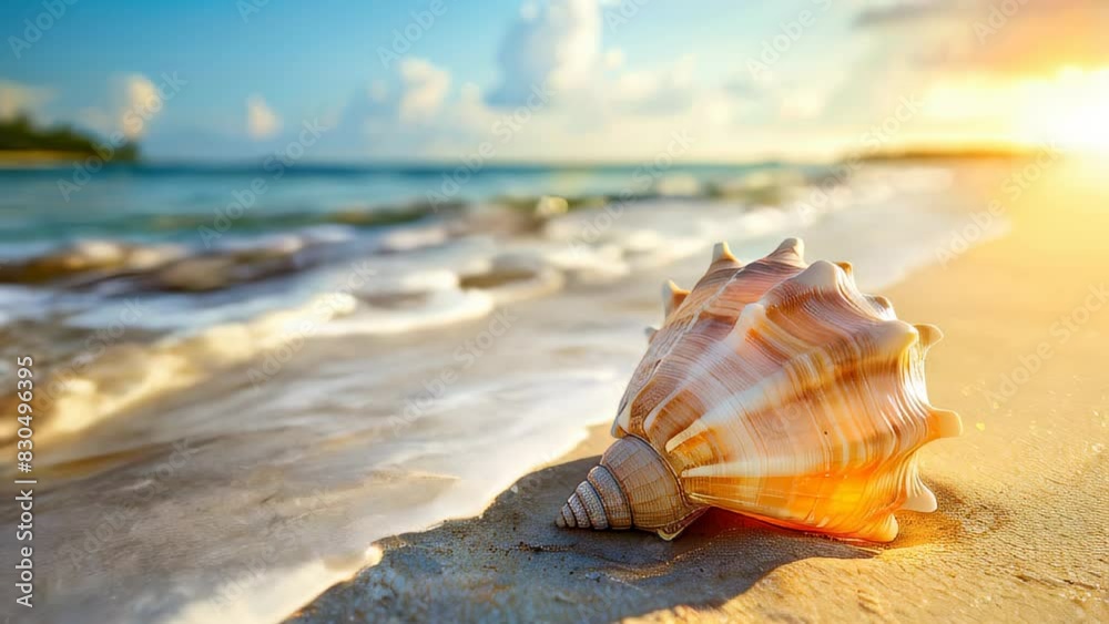 Large seashell on sandy beach at sunrise with gentle waves in background Large seashell on sandy beach at sunrise with gentle waves in background