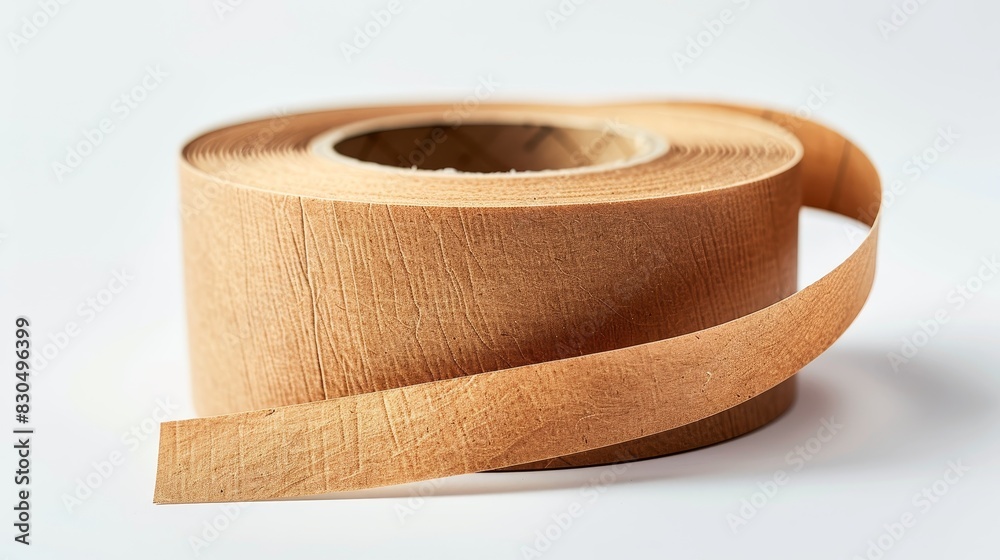 Close-up of adhesive brown paper tape in a clean roll, isolated on a white background, studio lighting highlighting texture Close-up of adhesive brown paper tape in a clean roll, isolated on a white background, studio lighting highlighting texture