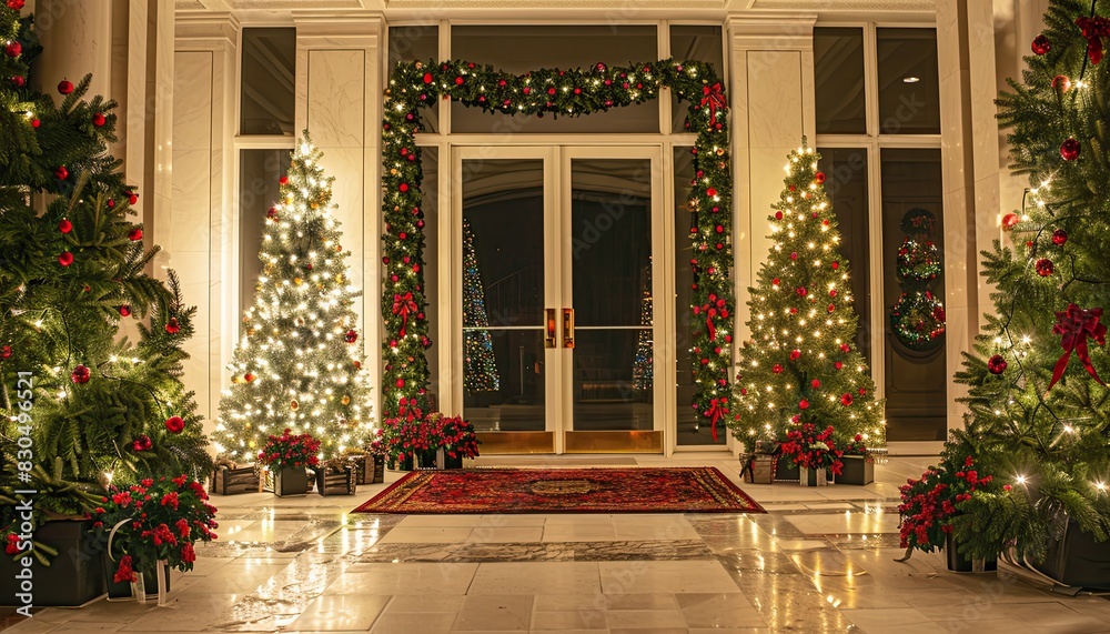 Fototapeta premium Christmas decor featuring trees on both sides of the entrance