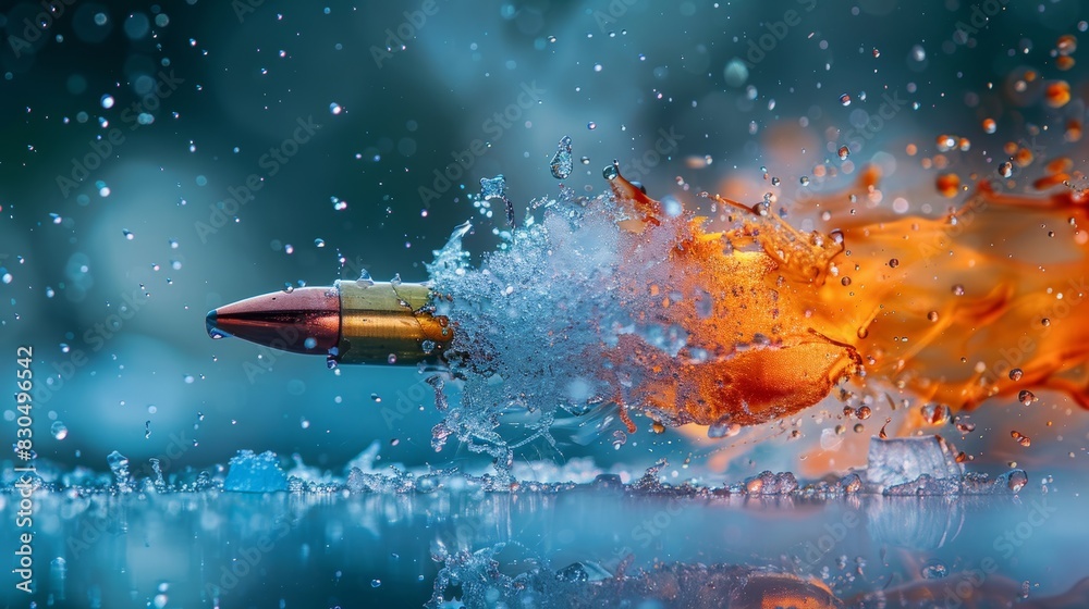 A fiery bullet slicing through an ice sculpture, shards flying, intense heat meeting cold, vibrant colors A fiery bullet slicing through an ice sculpture, shards flying, intense heat meeting cold, vibrant colors