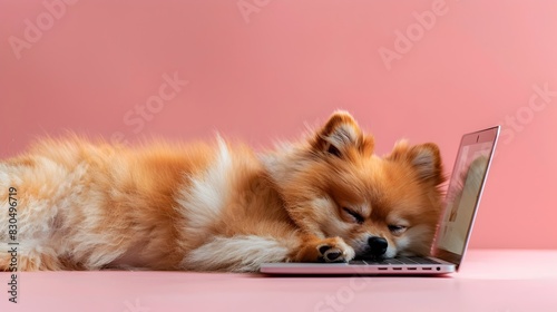 Pomeranians TechSavvy Slumber A Canines Dream on a Pastel Pink Background photo
