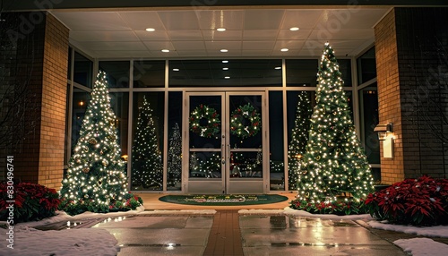 Christmas display with two trees positioned on both sides of the entrance