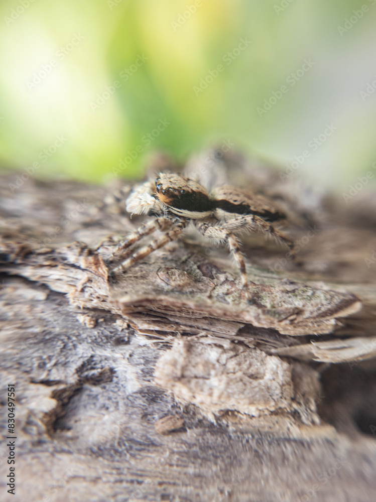 Close-up portrait of a jumping spider (Marpissa muscosa) sitting on wood Close-up portrait of a jumping spider (Marpissa muscosa) sitting on wood