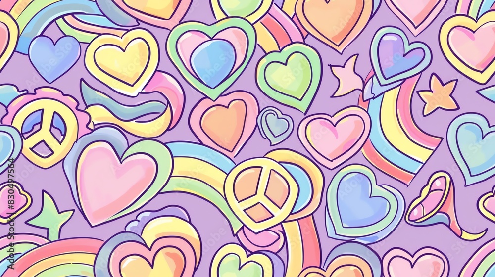 Hand-drawn seamless pattern of pastel-colored LGBTQ symbols, featuring intertwined hearts, rainbow stripes, and peace signs, promoting diversity and acceptance Hand-drawn seamless pattern of pastel-colored LGBTQ symbols, featuring intertwined hearts, rainbow stripes, and peace signs, promoting diversity and acceptance
