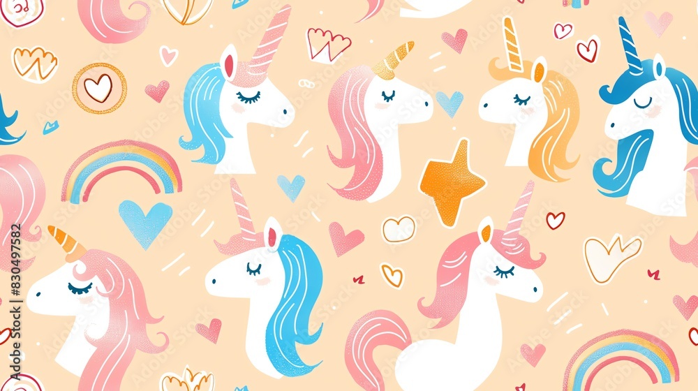 Pastel colors seamless pattern with hand-drawn LGBTQ pride elements, such as unicorns, rainbows, and love symbols, creating a whimsical and supportive design Pastel colors seamless pattern with hand-drawn LGBTQ pride elements, such as unicorns, rainbows, and love symbols, creating a whimsical and supportive design