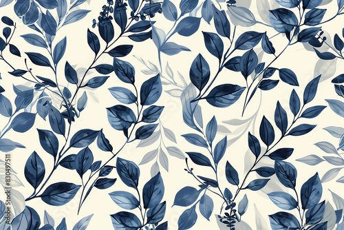 A seamless pattern of indigo and blue leaves on a cream background.