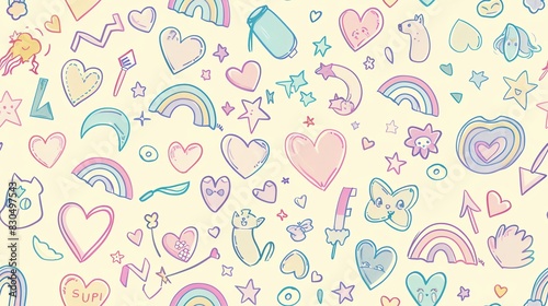 Hand-drawn pastel-colored seamless pattern featuring diverse LGBTQ symbols, including rainbows, hearts, and gender icons, in a delicate and inclusive design