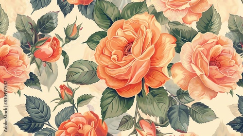 A seamless pattern of orange roses with green leaves on a cream background