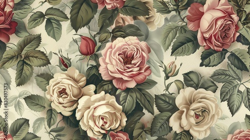 A seamless pattern of vintage roses in a chintz style