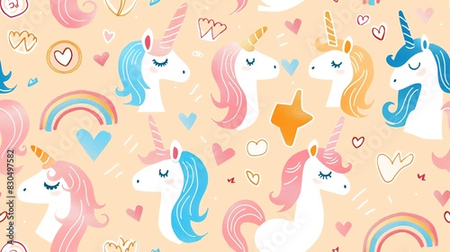 Pastel colors seamless pattern with hand-drawn LGBTQ pride elements  such as unicorns  rainbows  and love symbols  creating a whimsical and supportive design