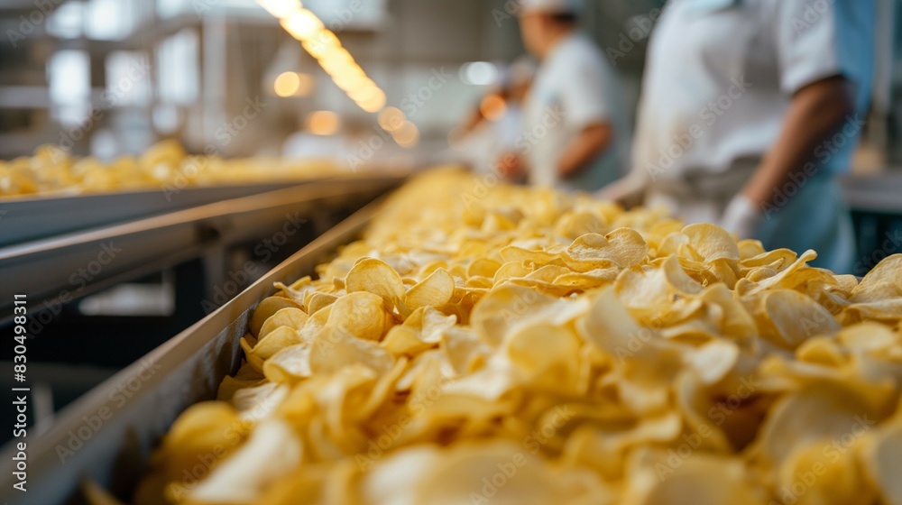 The potato chips factory scene features a conveyor belt brimming with golden, crispy potato chips, highlighting the mass production and efficiency in the snack food industry. Perfect for illustrating 