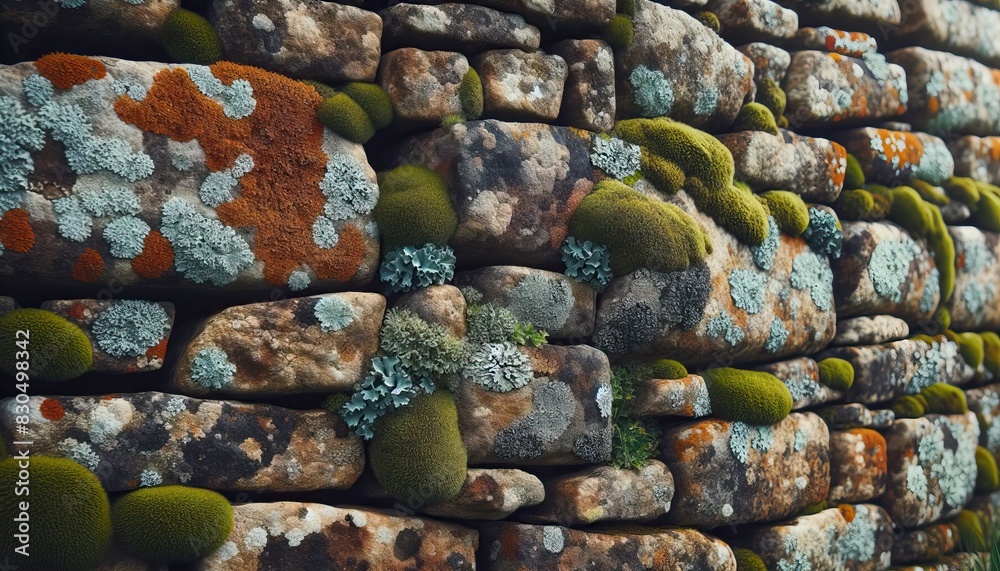 Moss and lichen covered stone wall with varied textures and colors in nature Moss and lichen covered stone wall with varied textures and colors in nature