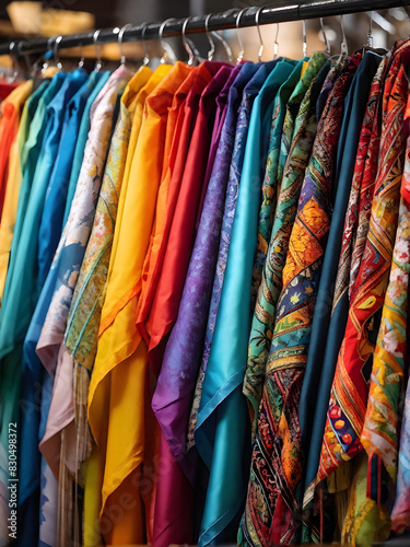 Colorful fabric on a rack. © Linggakun