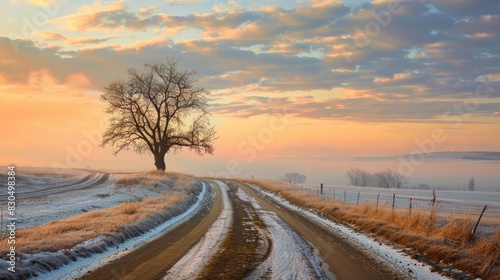 Solitary tree on a narrow road during winter sunset photo