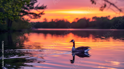 Serene Sunset Glide: Majestic Goose Gliding Across a Tranquil Lake during a Beautiful Sunset