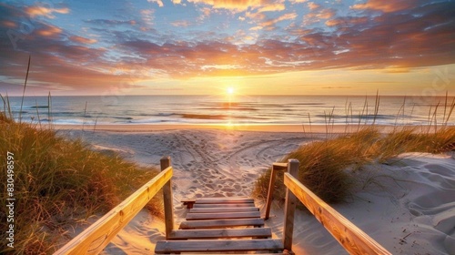Scenic wooden staircase leading to the tranquil beach at sunset with sand dunes and calm ocean view