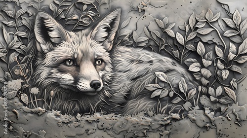 engraving of a fox in a woodland setting with fine line work, blending into the dense underbrush