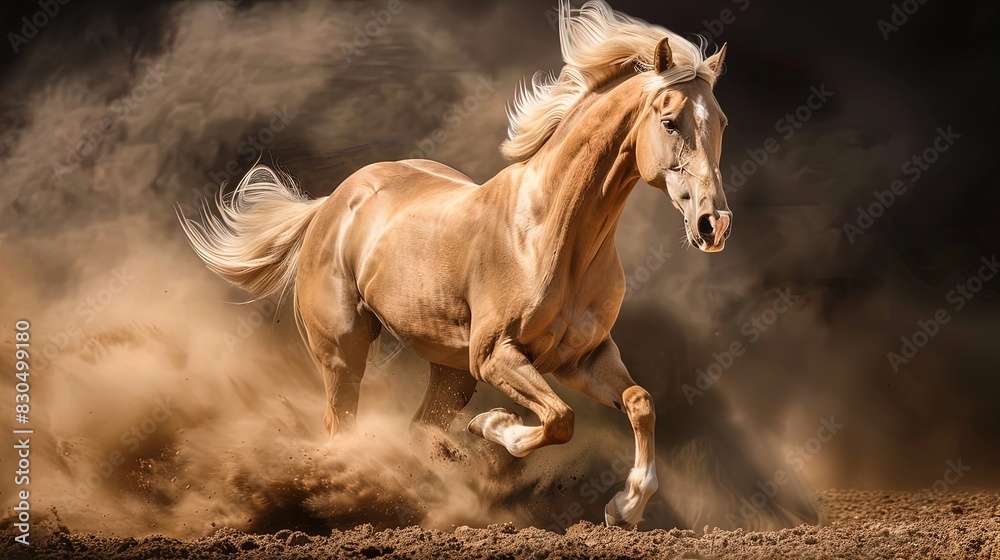 Obraz premium Galloping palomino horse kicking up dust in motion. Dynamic studio action shot. Strength and speed concept. Design for poster, wallpaper, banner.