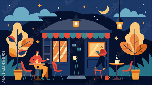 A small cafe hosting an open mic night for poets to share their mindful musings.. Vector illustration